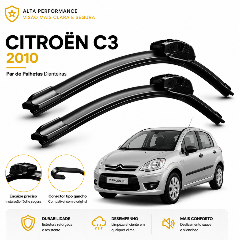 Kit Par Palheta Limpador Parabrisa Citroën C3 2003 a 2012 Silicone Dianteiro Encaixe