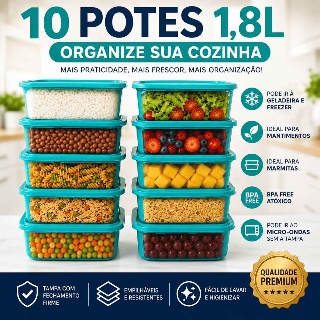 Kit Potes 1,8L Com Tampa Organizador Mantimentos Cozinha Geladeira Empilhável