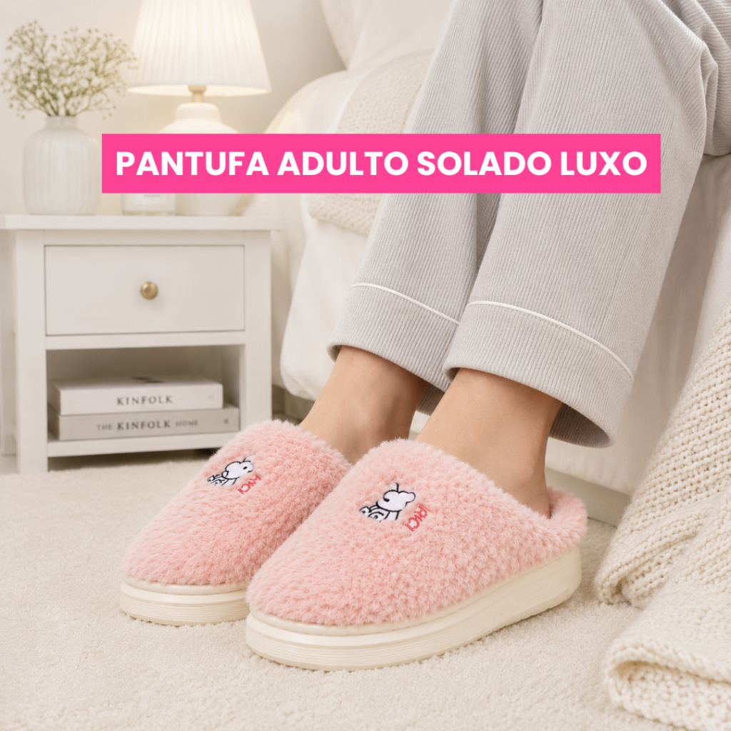 Pantufa Unissex Feminina Masculina Pelúcia Carneirinho Solado Alto Luxo Antiderrapante Quentinha Inverno