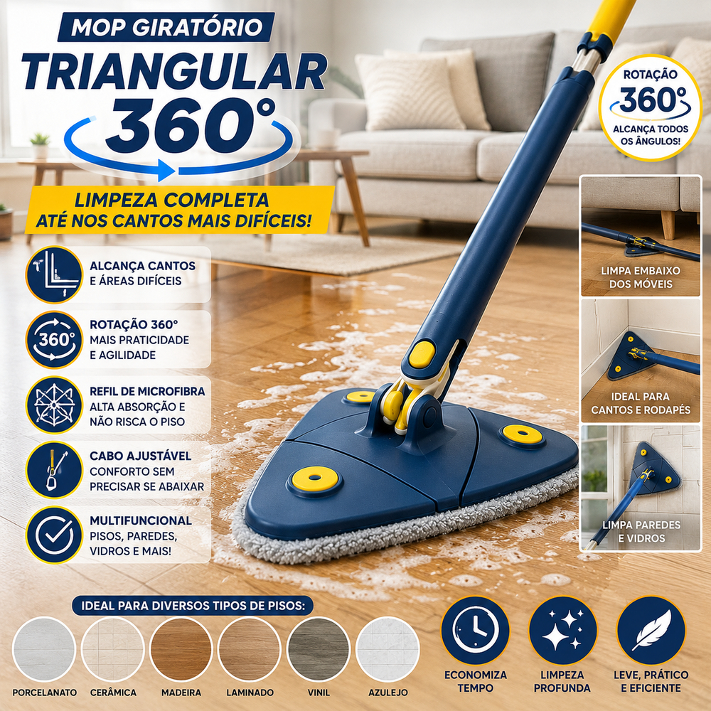 Mop Giratório Triangular 360° Limpeza Multifuncional Cabo Ajustável Microfibra Para Piso Parede Vidro Rodapé