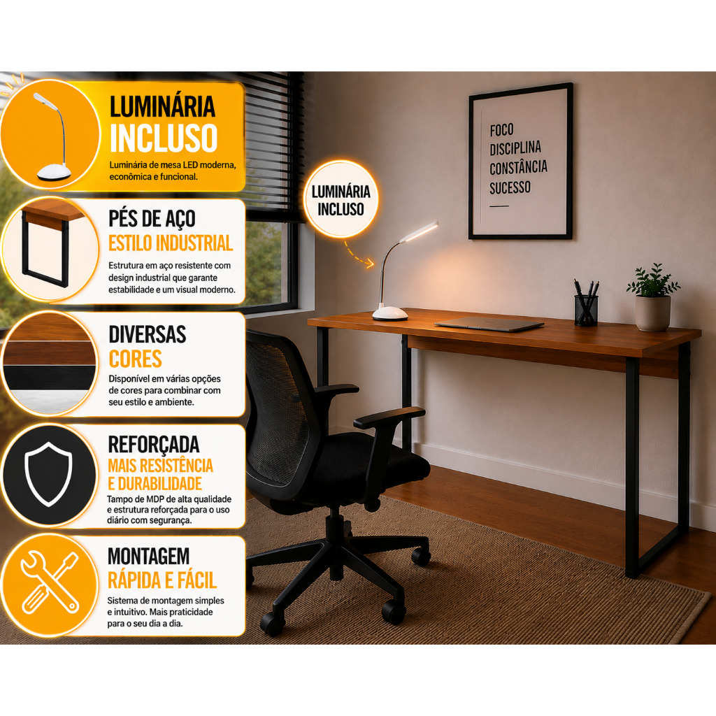 Mesa Escritório 1,10 Escrivaninha Com Luminária Estudo Home Office Industrial Para Computador Multiuso Aparador Pés Aço