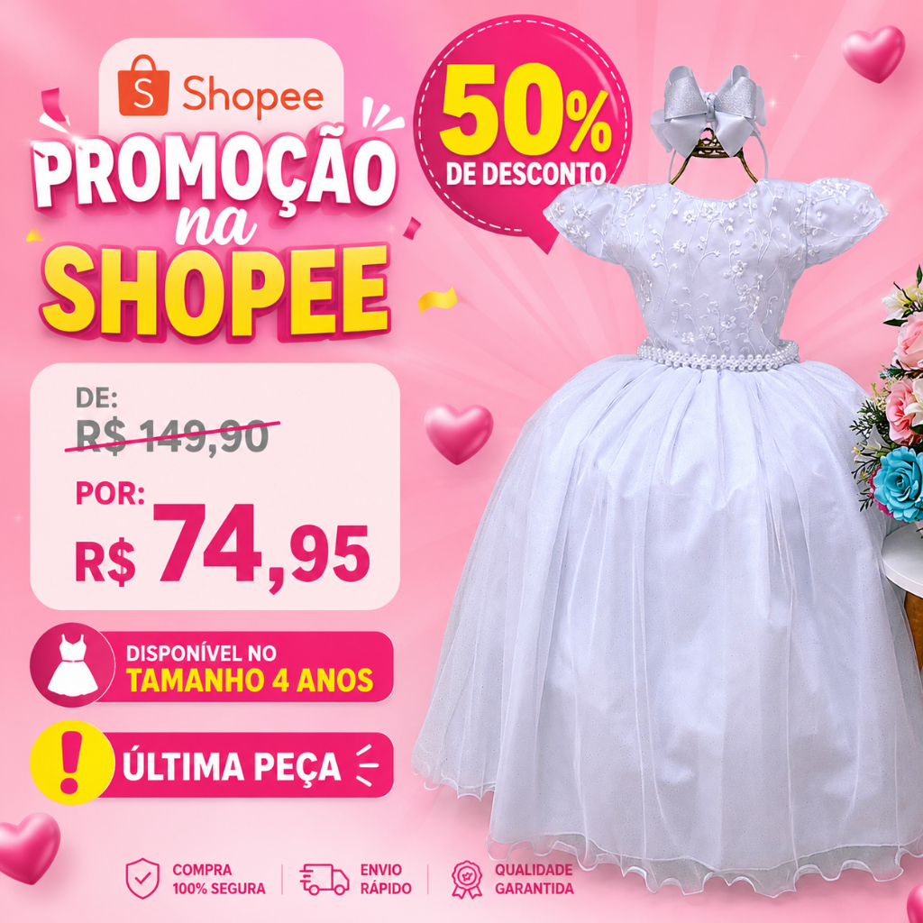 Vestido Branco Longo Infantil Festa Daminha vestido longo Promoção 4 anos