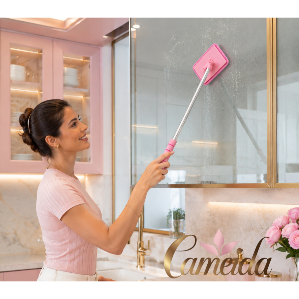 Mop Rosa Aço Inox Limpa Vidros Extensível – Limpeza Prática e Sem Esforço