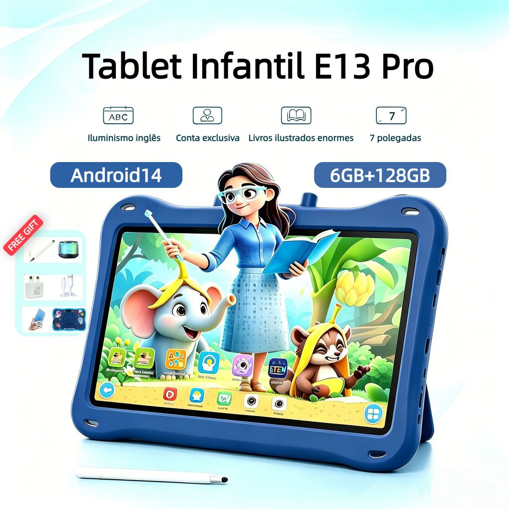 【Capa protetora gratuita】Tablet infantil E13Pro Android 14.0 6 GB de RAM + 128 GB de armazenamento Tela de 7,0 polegada