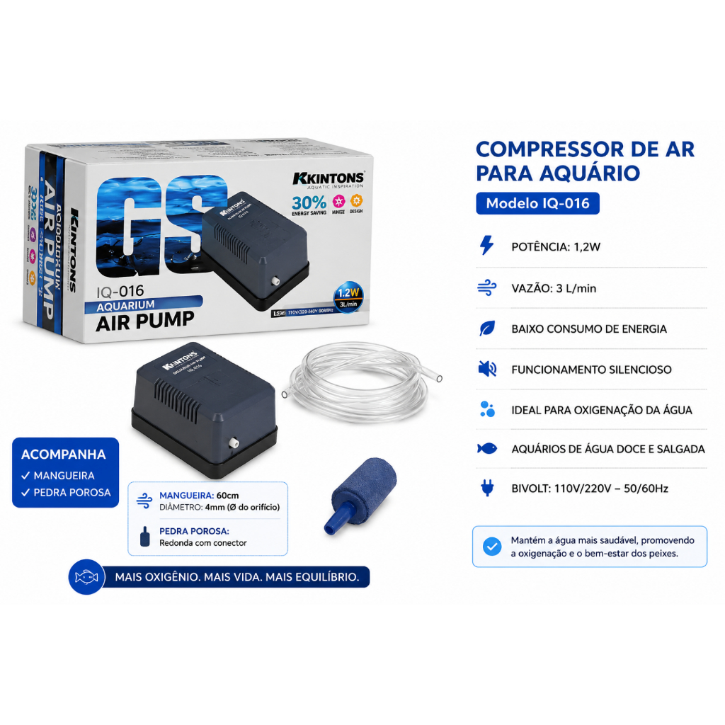 COMPRESSOR DE AR  PARA AQUÁRIO KINTONS completo COM MANGUEIRA E PEDRA POROSA 3L/MIN.