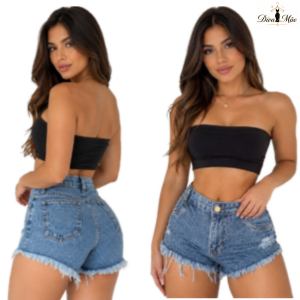 Short Jeans Feminino Cintura Alta Destroyed Desfiado Modelador