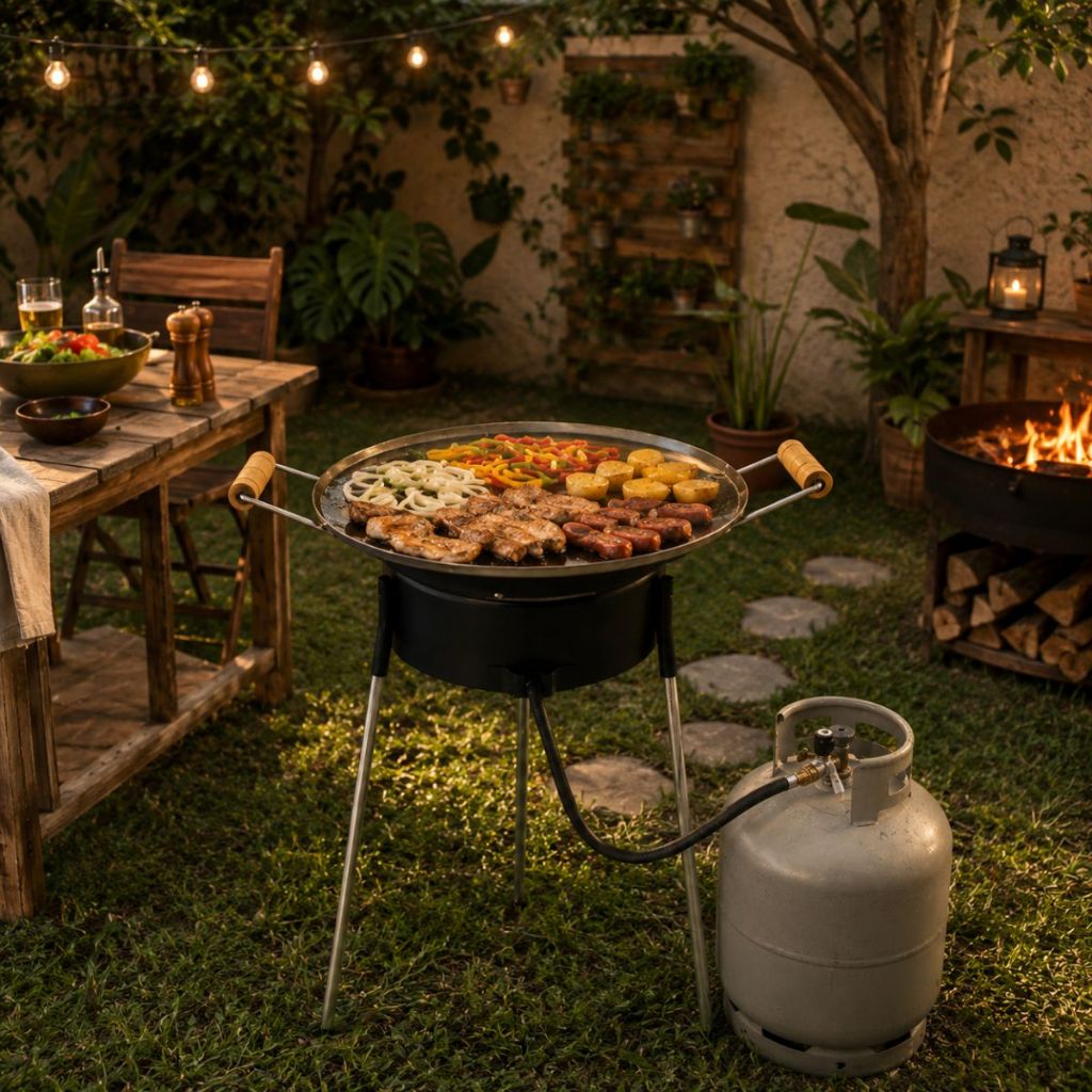 Fogareiro com Tacho 45cm Grande Chamas Pés Removiveis Alta Pressão Chapa Disco Arado Mangueira 90cm Panela Á Gás Cozinha