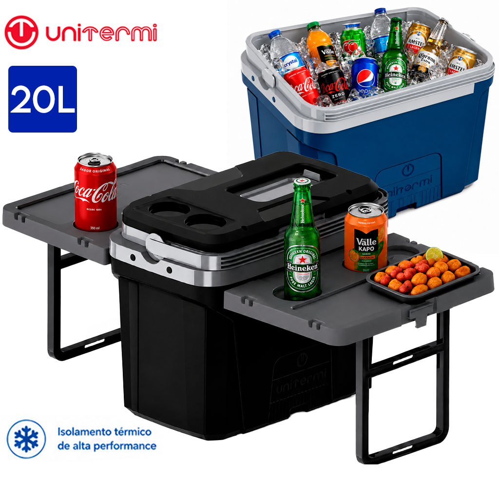 Caixa Termica 20L Unitermi Jurerê 2 Mesas Lateral Multifuncional Dobrável Cooler Portatil Porta Copo