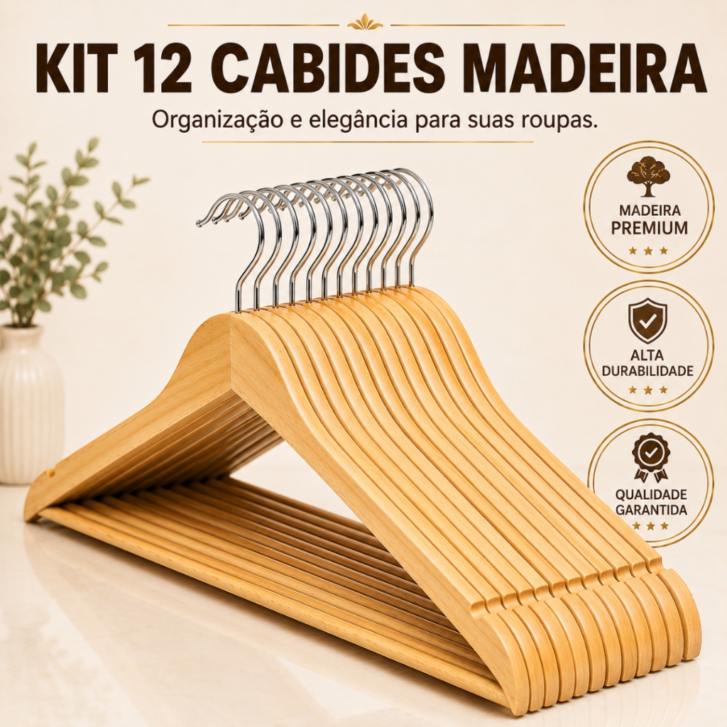 Kit Cabides 3/6/9/12 Unidades Madeira verniz  Marfim Roupas Calça Gancho Cromado