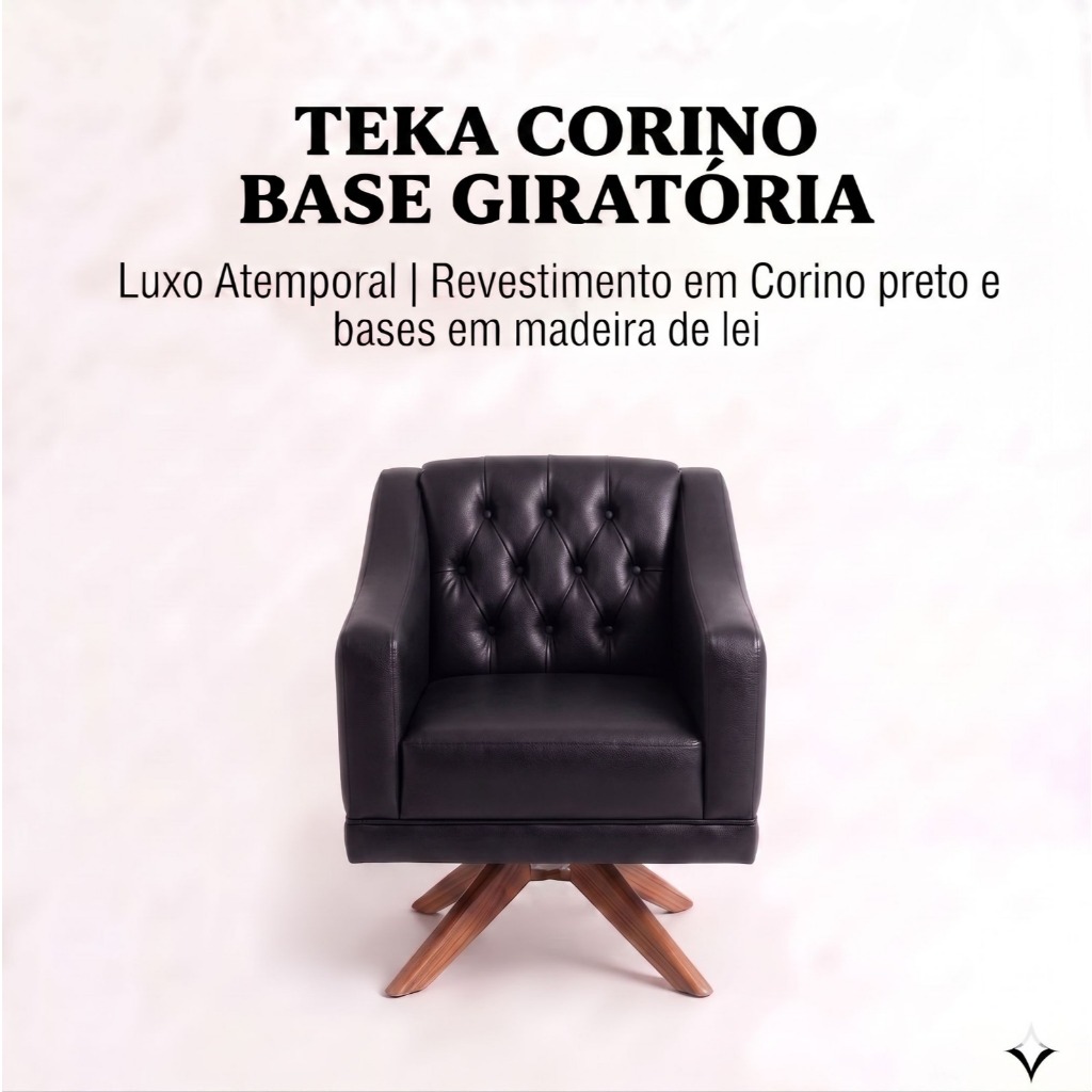 Poltrona Teka Giratória Corino Preto Luxo Premium Capitonê