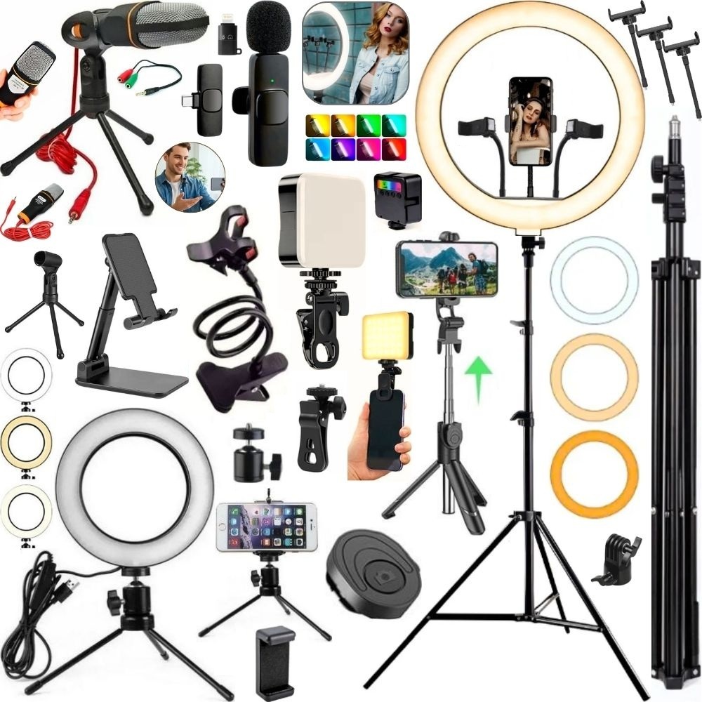 Kit Completo Filmagem Ring Light Luz Led Tripé Microfone Acessórios Vídeo Profissional 15pçs