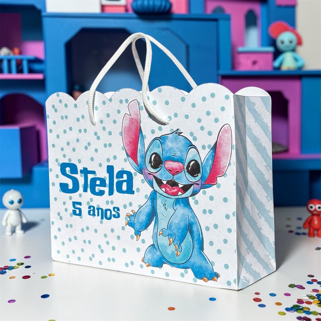 Sacolinha Surpresa Personalizada Stitch Azul Aquarela (Pegue e Monte) Lembrancinha Festa Infantil Nome e Idade