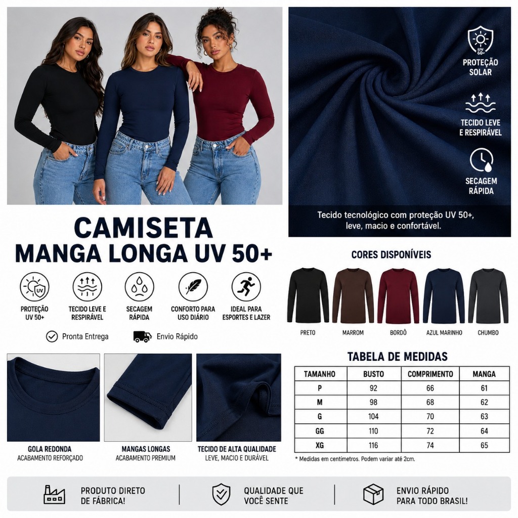Camiseta Feminina Manga Longa Segunda Pele UV 50+ Proteção Solar Blusa Lisa Colada Inverno Academia