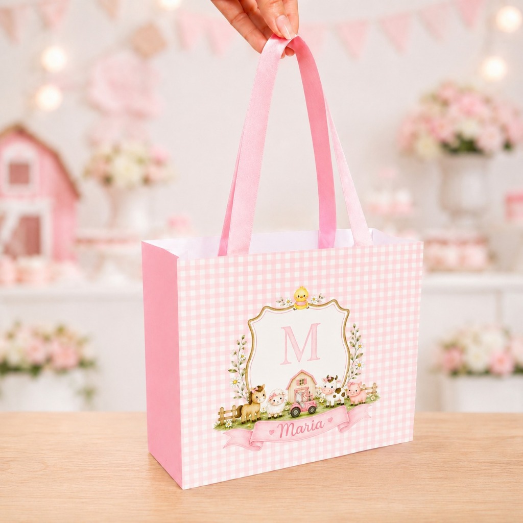 Sacolinha grande personalizada FAZENDINHA ROSA AQUARELA - lembrancinhas de festa infantil