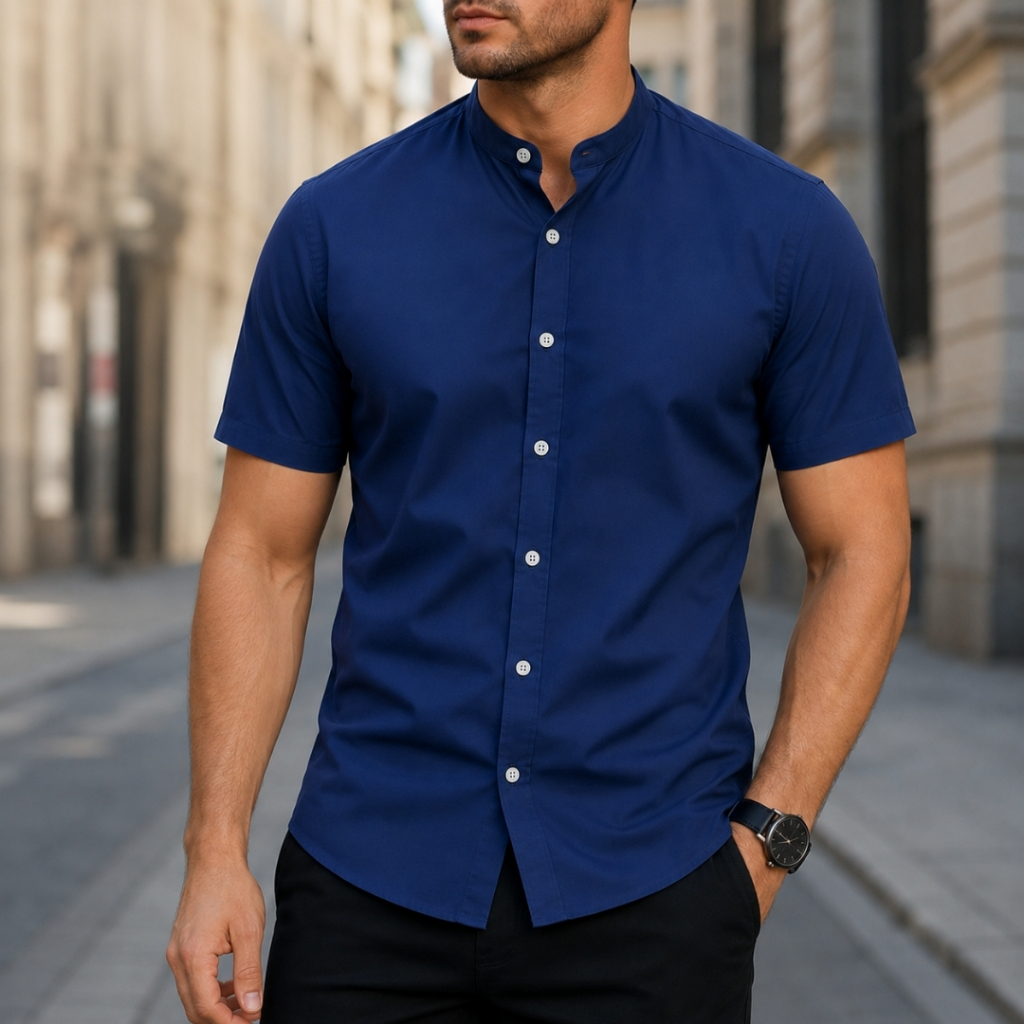 Camisa Social Masculina Gola Padre de Luxo Manga Curta Slim Tricoline Tecido Premium Elegante