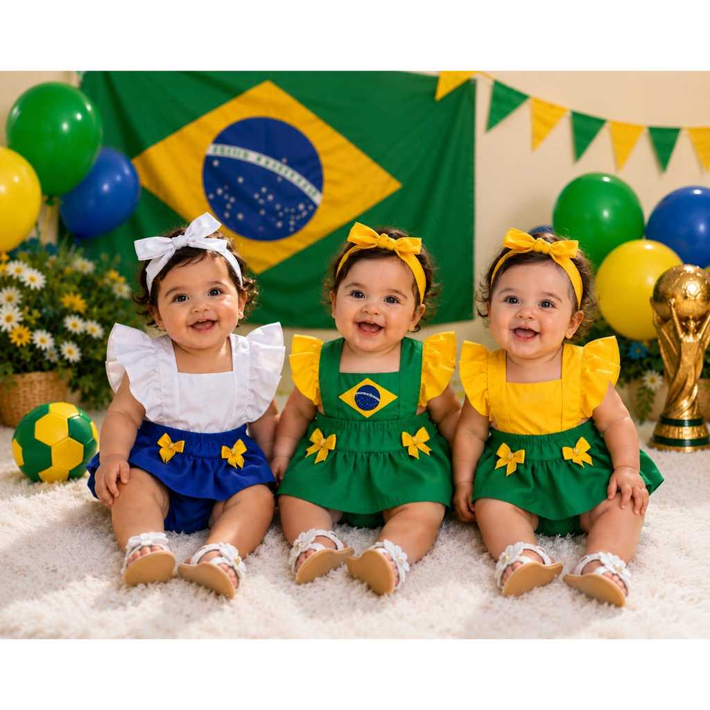 Kit Romper Bebê Vestido Com Faixa Brasil Copa Seleção Verde Amarelo Azul Branco Roupa Infantil Feminina Conjunto Fofo
