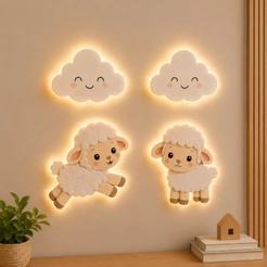 Kit 4 Peças Ovelhinha Nuvem MDF com LED Luz Quente | Decoração Parede Quarto Bebê Infantil ou Sem Led