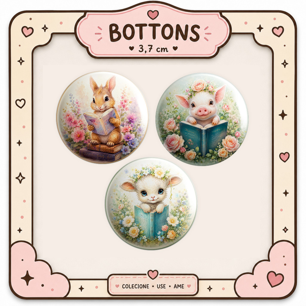 Kit Button Animais Fofinhos Livros Animais Cute 3,7cm | Broches Bottons Lembrancinhas