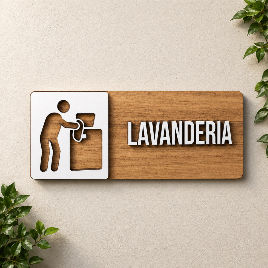 Placa Sinalização Lavanderia MDF Decorativa Área De Serviço Lavar Roupas 25x9cm