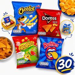 Kit 30 Salgadinhos Sortidos Elma Chips Doritos Cheetos Ruffles Fandangos Festa Lanche Lembrancinha Presente