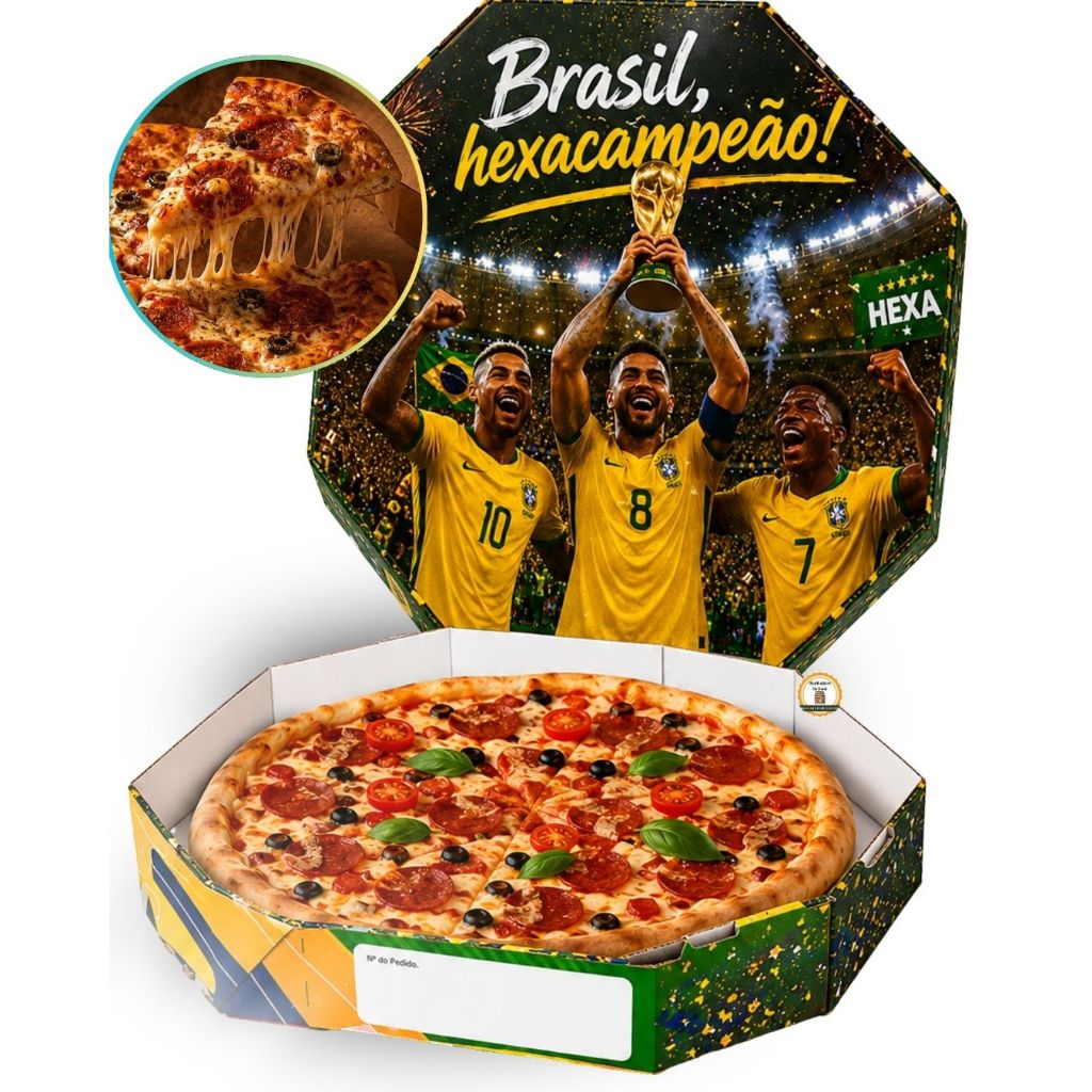 CAIXA PARA PIZZA ALIMENTOS QUENTES 35CM - C/25UNI COPA DO MUNDO HEXA