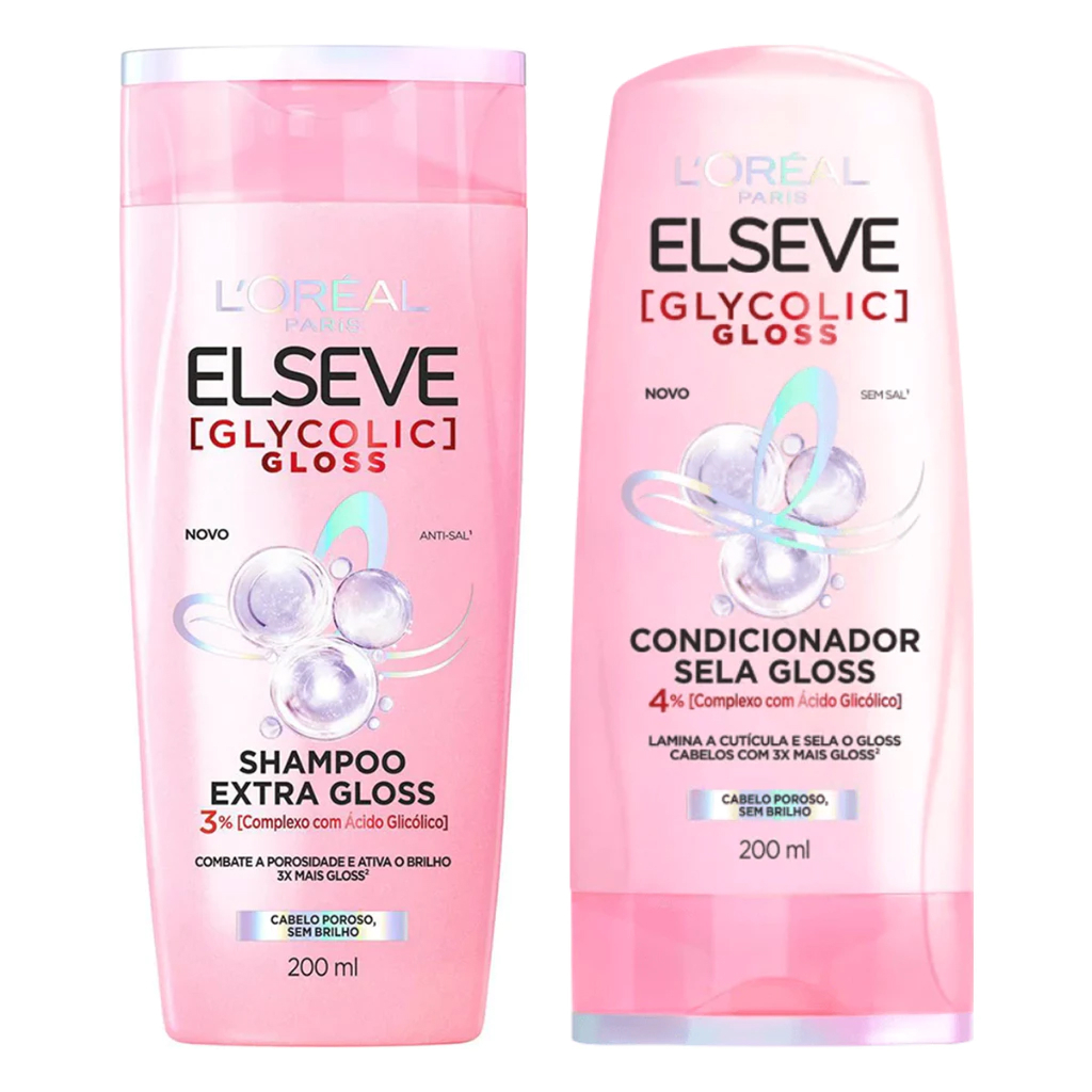 Kit Shampoo Extra Gloss + Condicionador Sela Gloss Elseve Glycolic Gloss 200ml Cada