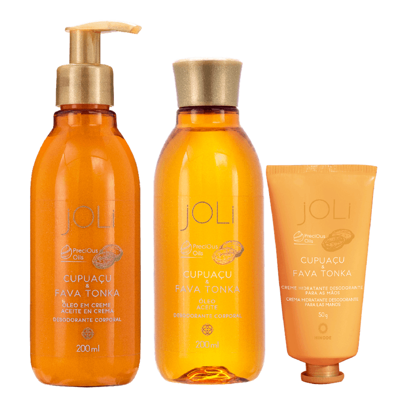 Kit Joli Cupuaçu e Fava Tonka 3 Óleo 200ml - Hidratante Corporal 200ml - Creme de Mão 50g