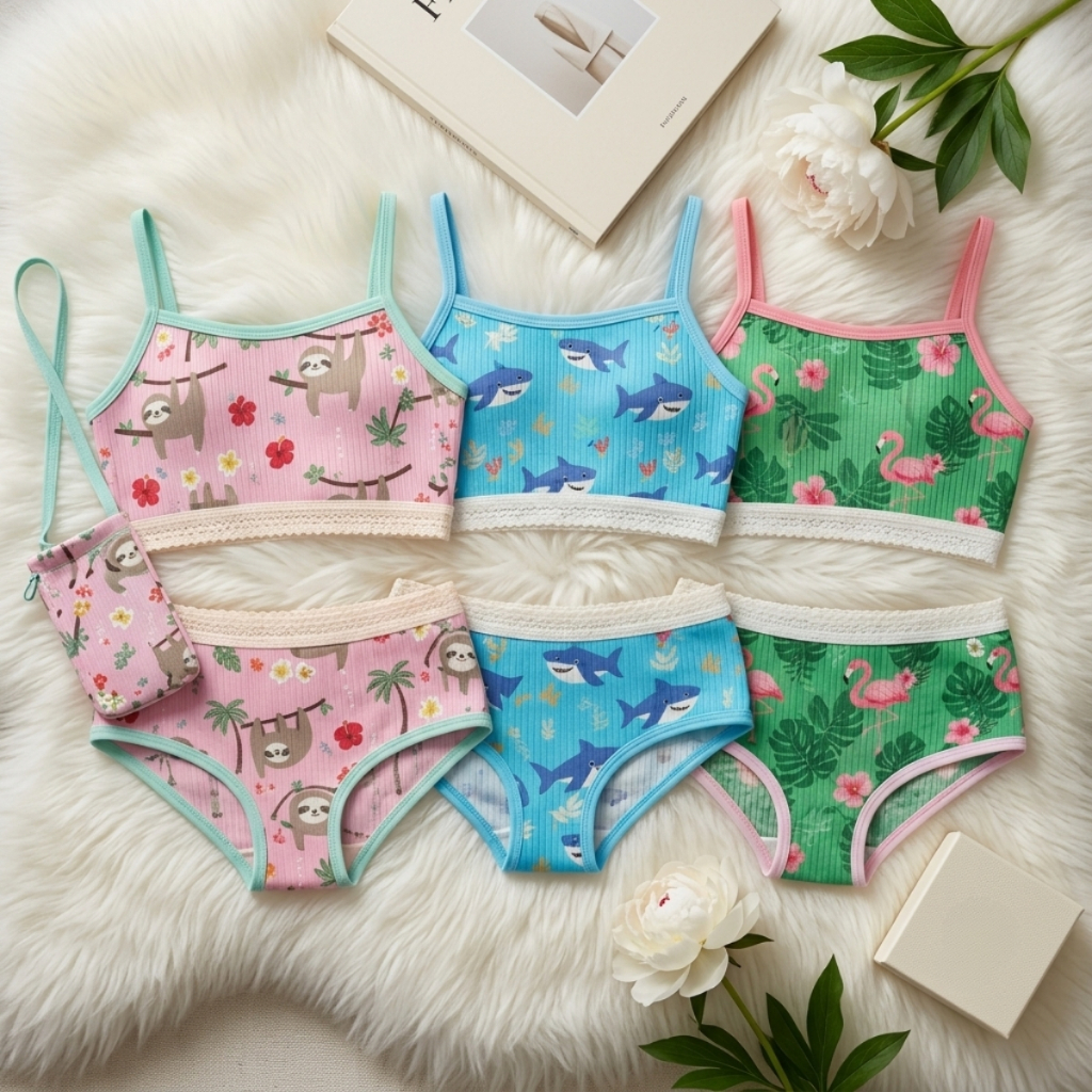 Kit 5 Conjunto Infantil Feminino Canelado com Bolsinha 6 a 12 Anos Top e Calcinha Confortáveis