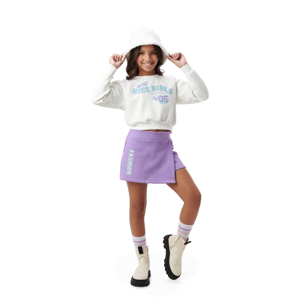 Conjunto Infantil Feminino Mundo Mania Moletom Felpado Shorts Saia Menina Tam 04 06 08 Off White Lilás e Verde Lima Rosa