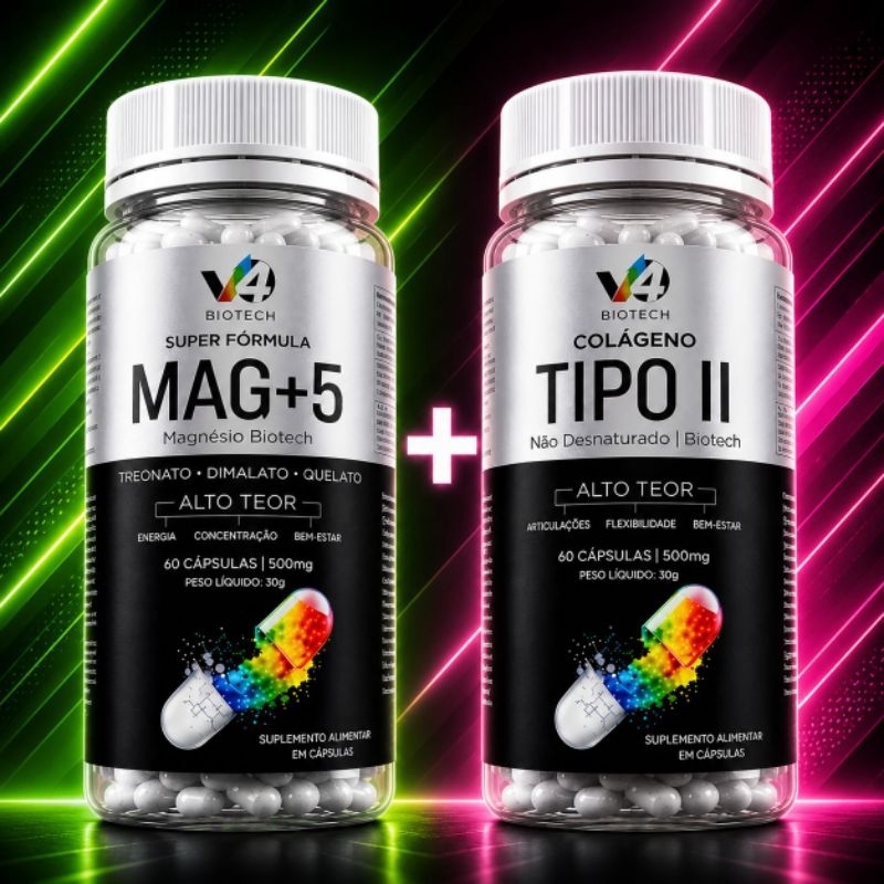 MAGNÉSIO + COLÁGENO Tipo 2 V4 Biotech 60 Cápsulas 500mg Treonato + Bisglicinato + Malato + TIPO II