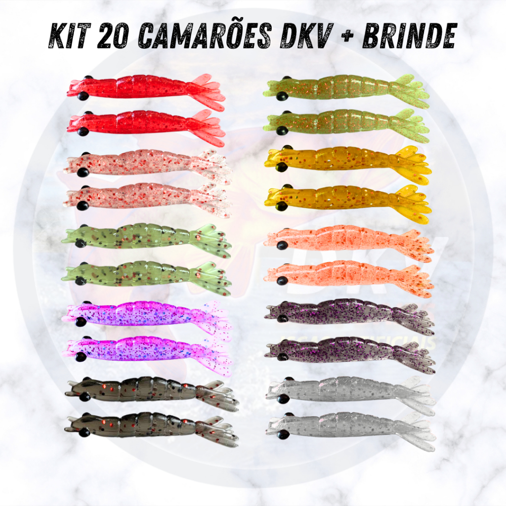 🎣 Kit 20 Camarões Artificiais DKV Soft Baits – Isca Soft para Robalo e Tucunaré