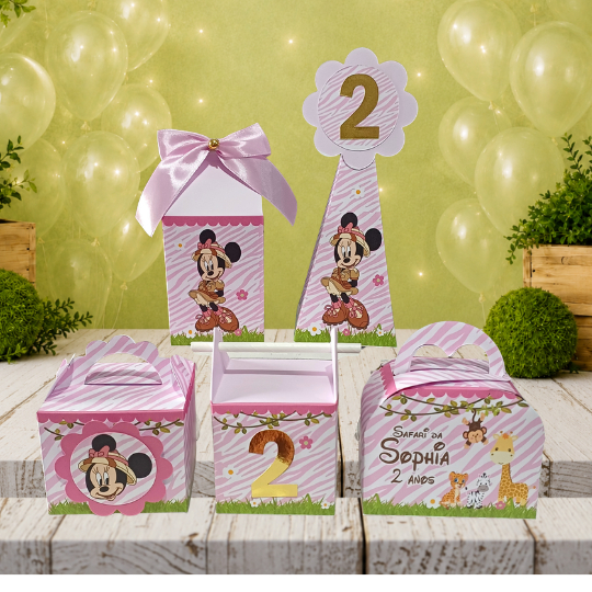 KIT CAIXAS PERSONALIZADO SAFARI DA MINNIE LEMBRANCINHA DE FESTA INFANTIL / ANIVERSÁRIO / Desmontadas
