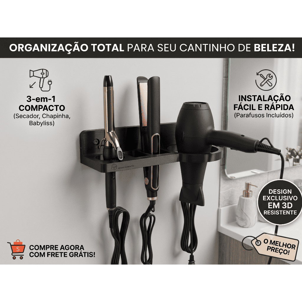 Suporte de Parede para Secador de cabelo, Chapinha e Babyliss etc.