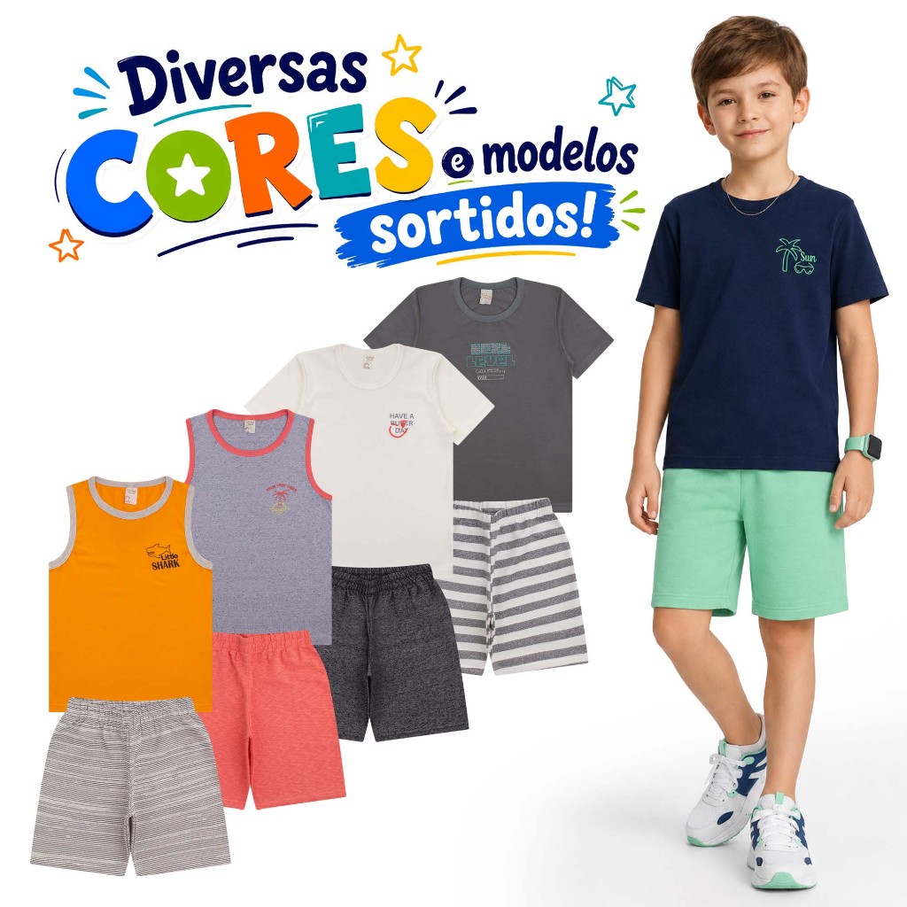 Conjunto Menino Camiseta e Bermuda Bebê Infantil Juvenil Sortido Kit 2,3 ou 4 Conjuntos