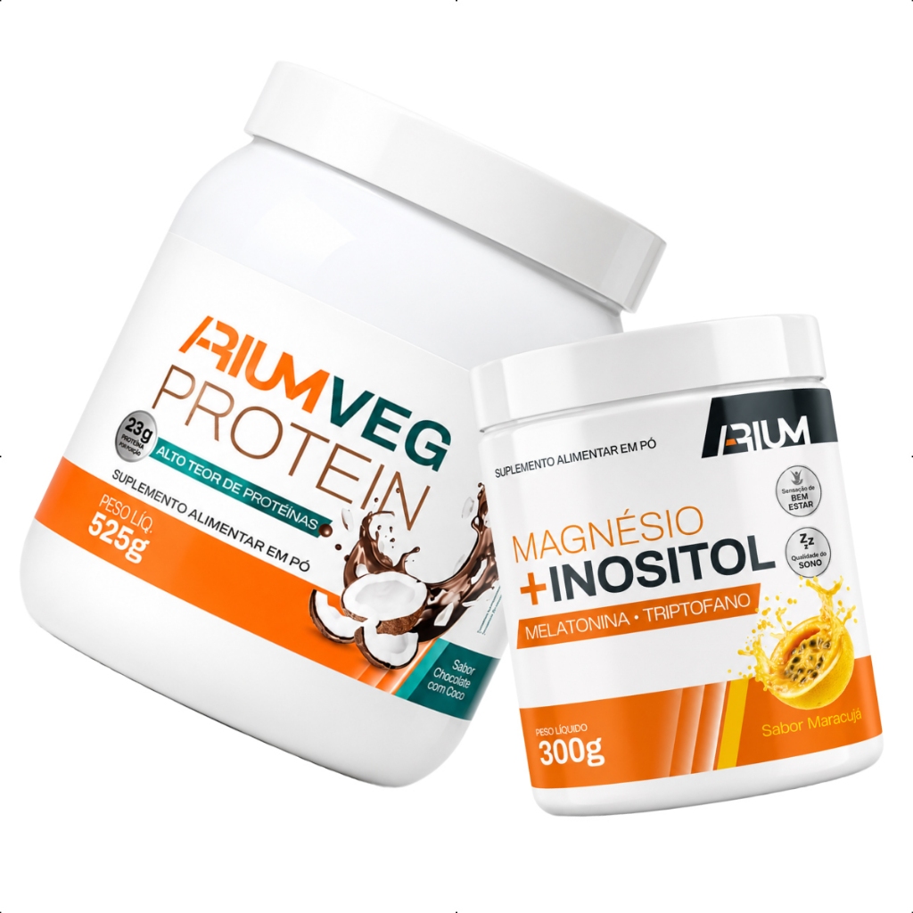 Kit Magnésio e Inositol com Melatonina 300g + Whey Protein Vegana Arium Suplementos 525g
