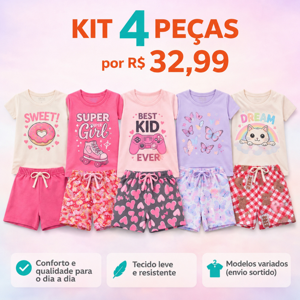 Kit Com 4 Peças de Roupas de Meninas Infantil