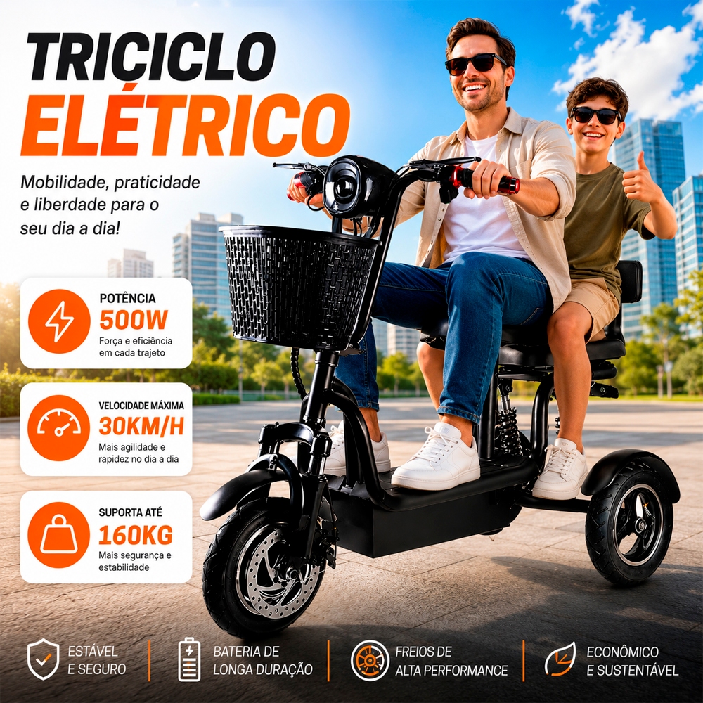 Triciclo Elétrico Adulto 500W 45km/h Bateria Lítio 42V 17,5Ah Até 75km 2 Lugares Cesto