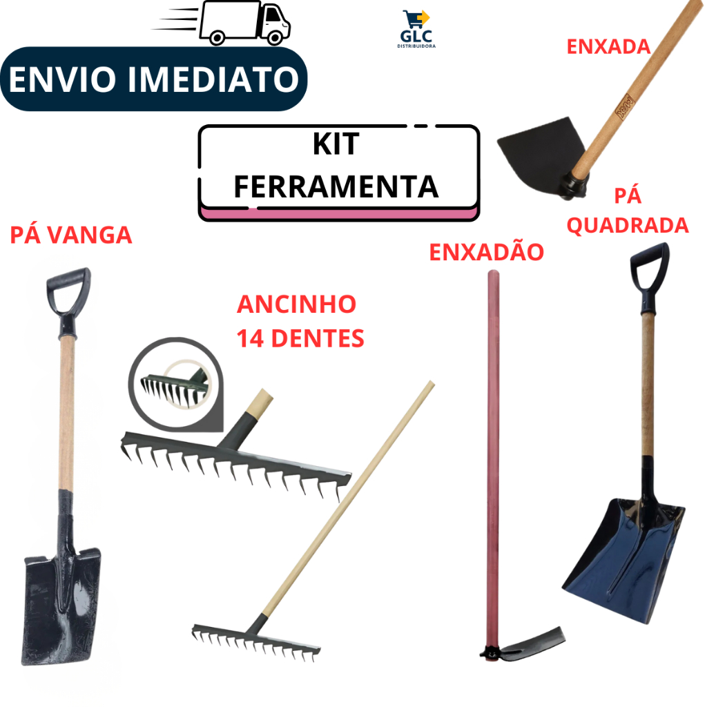 Pá Quadrada+Enxada Estreita+Enxadão+Ancinho 14 dentes+Pá Vanga
