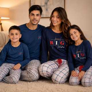 Pijama Família Inverno Xadrez Manga Longa e Calça Comprida Malha Leve Todas Estações