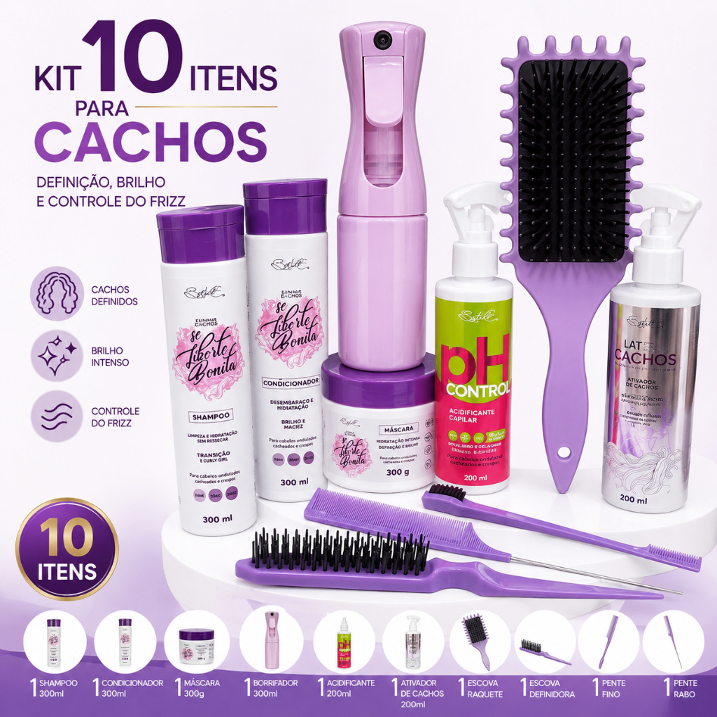 Kit Cachos Completo 10  Itens  Profissional Shampoo Condicionador Máscara Ativador pH Control + Acessórios