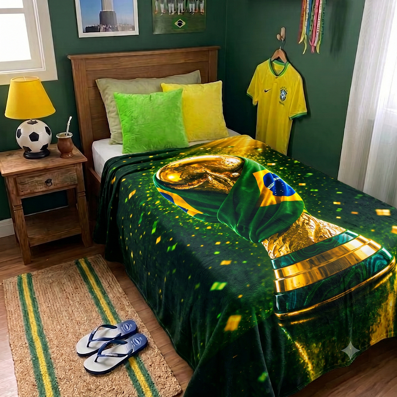 Manta Copa do Brasil Solteiro  Verde e Amarelo Juvenil Taça Ouro Soft Microfibra Antialérgico