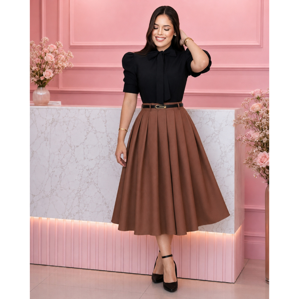 Saia Midi Alfaiataria Modesto Fashion Elegante Congresso Igreja Moda Feminina Casamento Moda Cristã Moda Evangélica