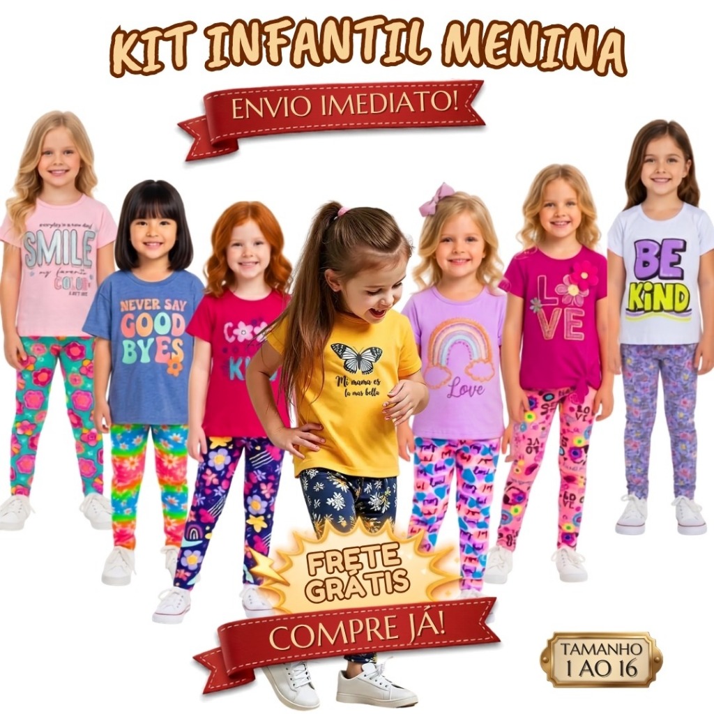 Kit 12 Peças Roupa Menina Verão 6 Calça Legging e 6 Camiseta Manga Curta Conjunto Infantil Feminino Algodão Calor