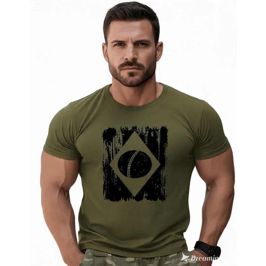 Camiseta Militar Verde Tática Bandeira do Brasil Airsoft Atirador CAC Exército Brasileiro Verde Oliva