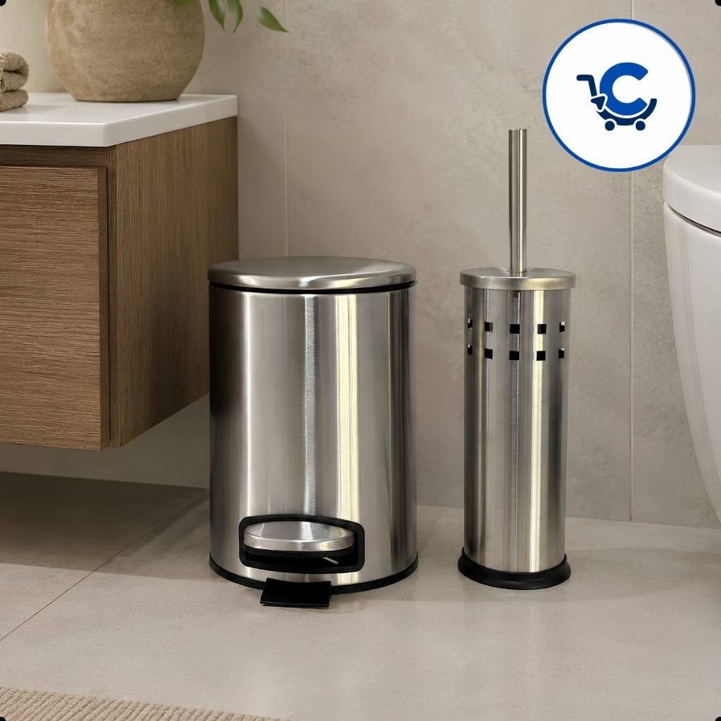 Kit Lixeira com Escova Aço inox 3L Com Pedal Cesto Removível para Cozinha Banheiro Escova Sanitária