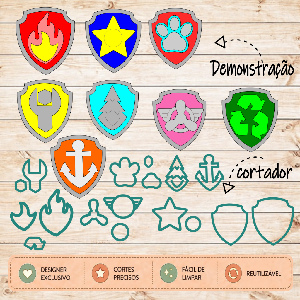 Cortador Escudo Logo Patrulha Canina Kit e Unidade Brasao Molde Confeitaria e Artesanato