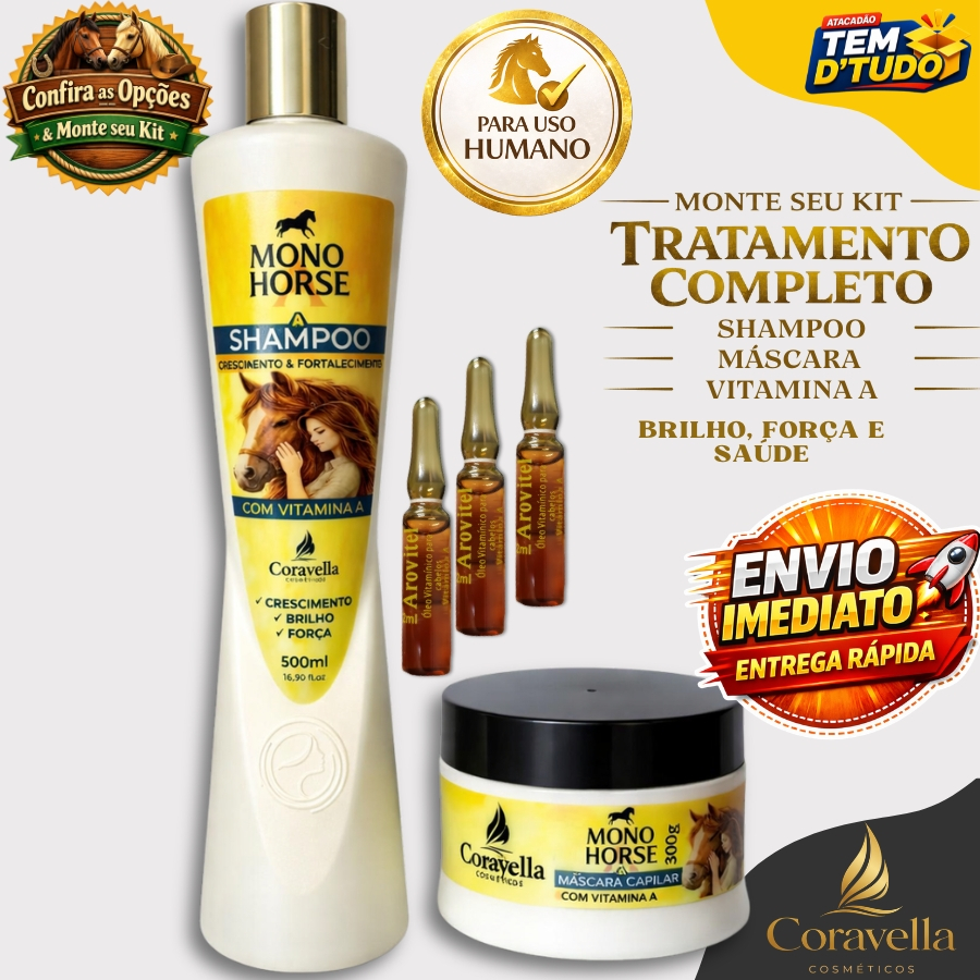 Mono Horse A Shampoo + Máscara + Vitamina A Arovitel Shampoo de Cavalo Uso Humano Monte Seu Combo