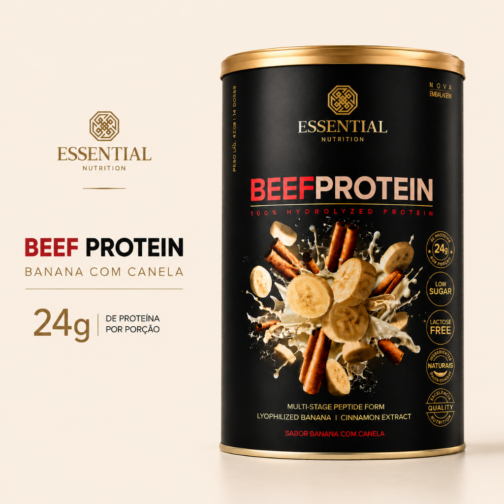 Beef Protein Essential Nutrition Banana C/ Canela 420g - Proteina Hidolisada e Isolada da Carne
