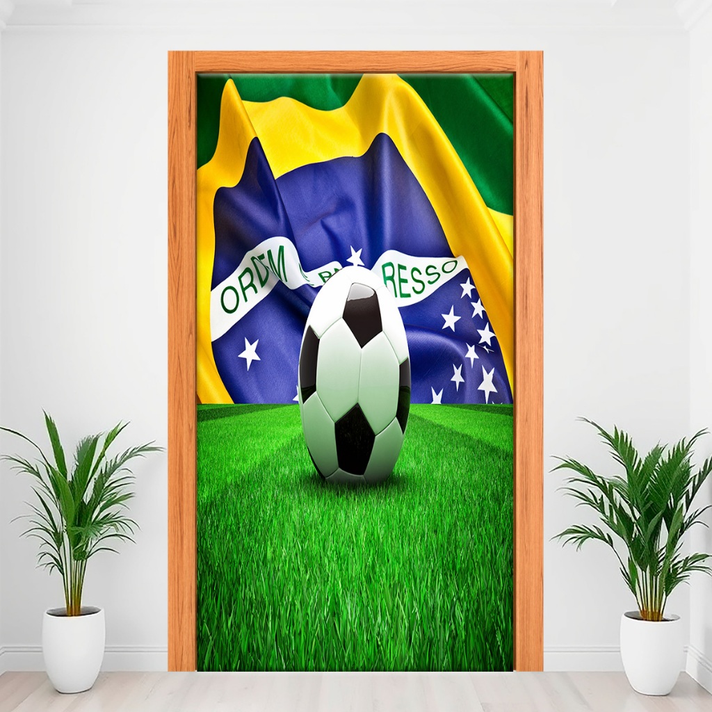 Capa Decorativa De Porta Decoração Com Elástico 2,15m x 0,80Cm Veste Fácil Tema Brasil Copa do Mundo 2026