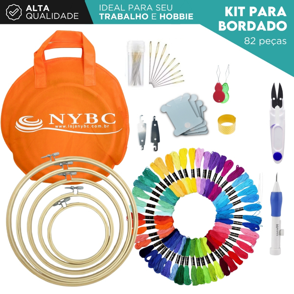 Kit Bordado Completo 82 Peças com Linhas Agulhas Bastidor Bolsa ideal Para Costura e Ponto Russo -CH